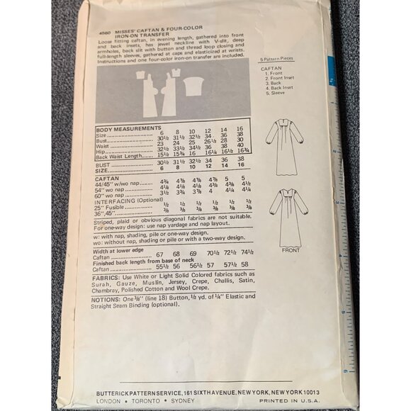 Butterick Misses Caftan Dress with Iron on Transfer Sewing Pattern sz 12 4560 - - Picture 3 of 3
